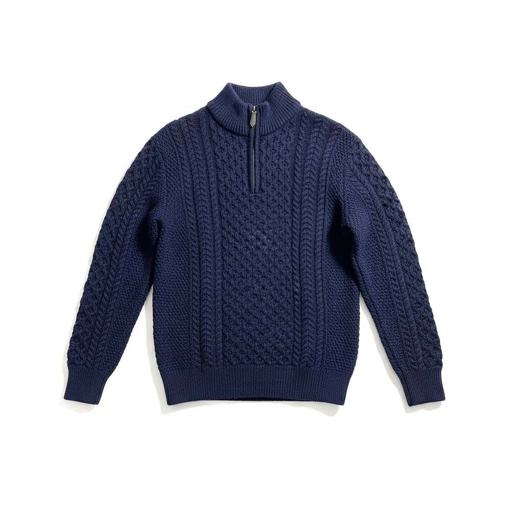 Original Aran Co. Men's Blue Cable Knit Wool Half Zip Sweater